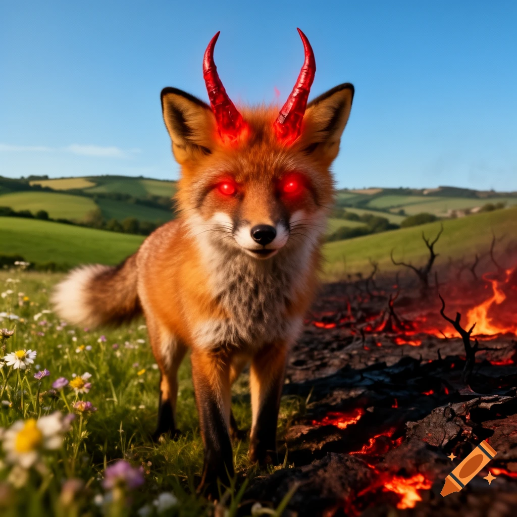 A demonic fox with red eyes and horns stands between a vibrant green field and a fiery, hellish landscape.