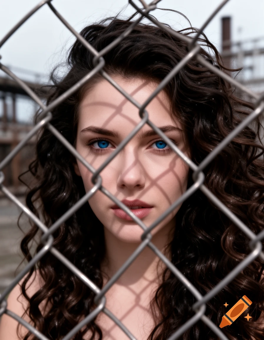 A close-up photorealistic portrait of a woman with dark curly hair and bright blue eyes, seen through a chain link fence.