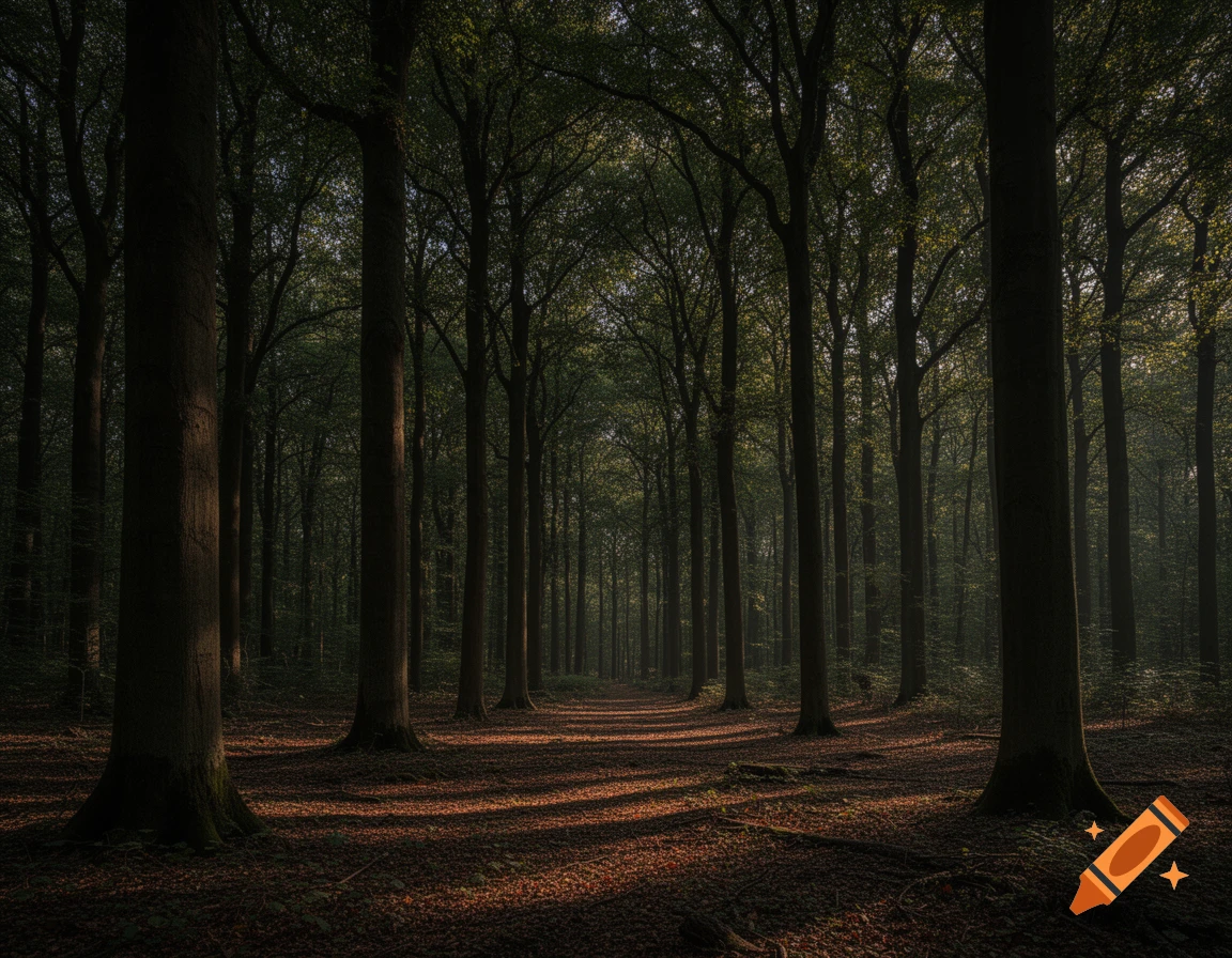 Sunlight filters through dense trees onto a path covered with fallen leaves in a tranquil forest.