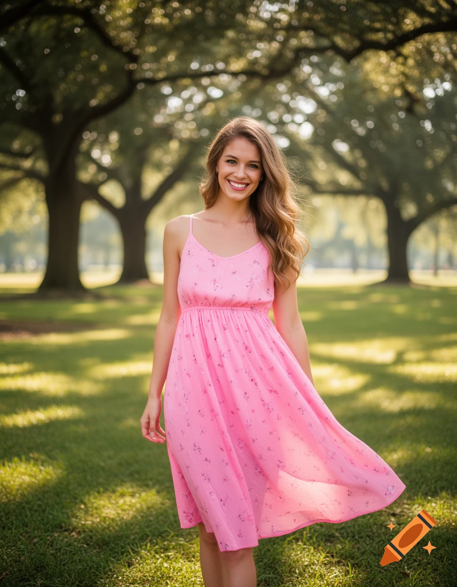 A smiling woman in a pink floral sundress stands in a sunlit park with trees in the background.