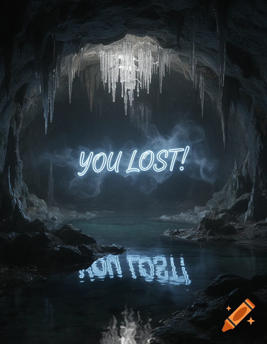 A dark, icy cave with glowing blue neon text 'YOU LOST!' reflected in a pool of water.