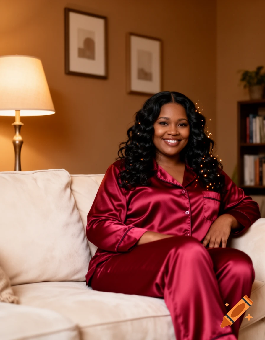 A smiling woman with curly hair sits on a couch wearing cherry red satin pajamas in a cozy indoor setting.