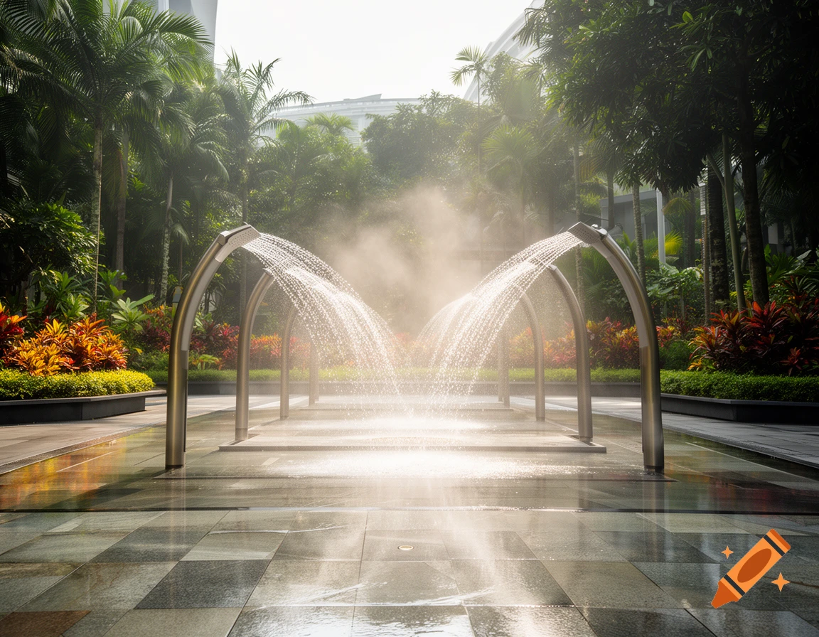 Photorealistic image of water showering from two arched metal structures in a lush tropical park with palm trees and modern buildings.