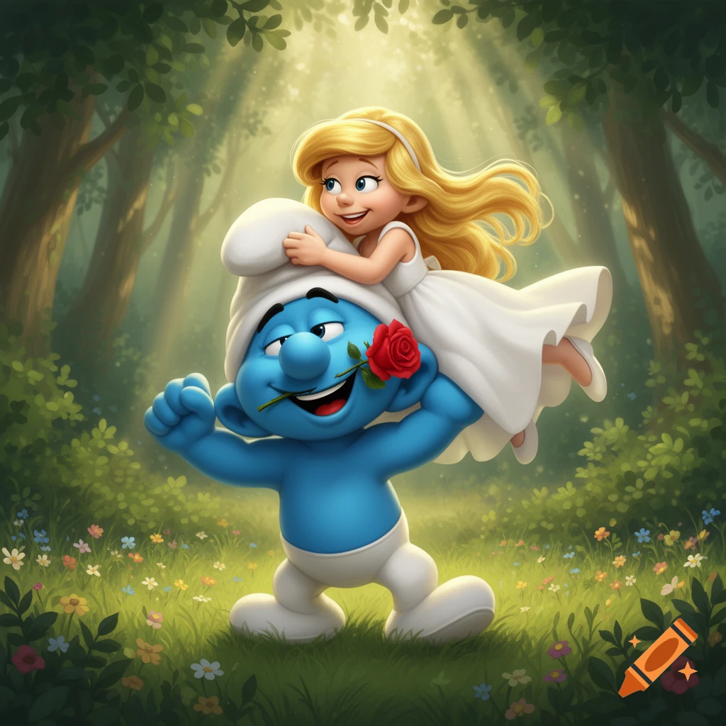A joyful blue Smurf-like character holding a rose in his mouth carries a smiling blonde girl on his shoulder through a sunny, enchanted forest.