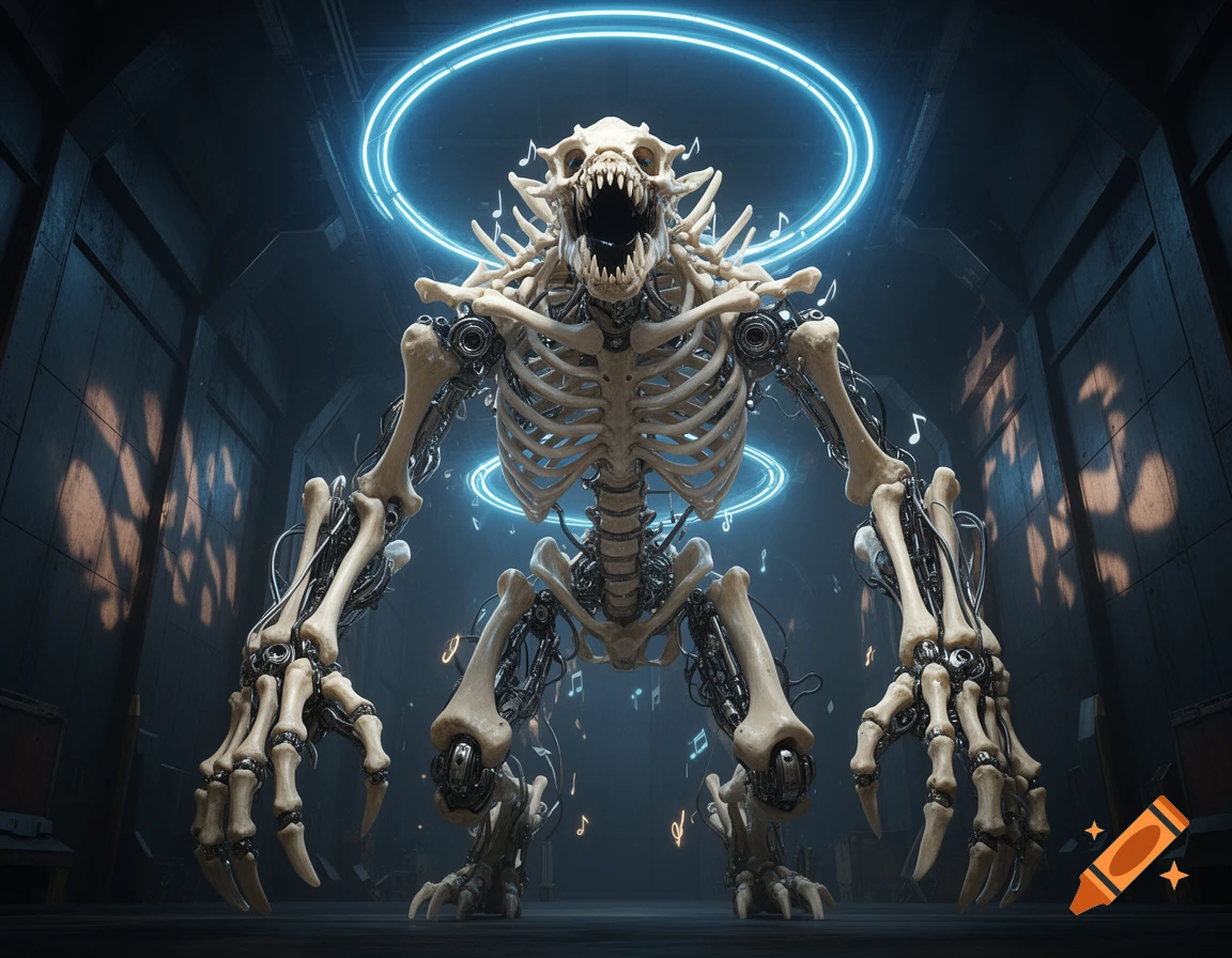 A large, detailed mechanical skeleton monster with glowing blue rings and musical notes, standing in a dark, futuristic room.