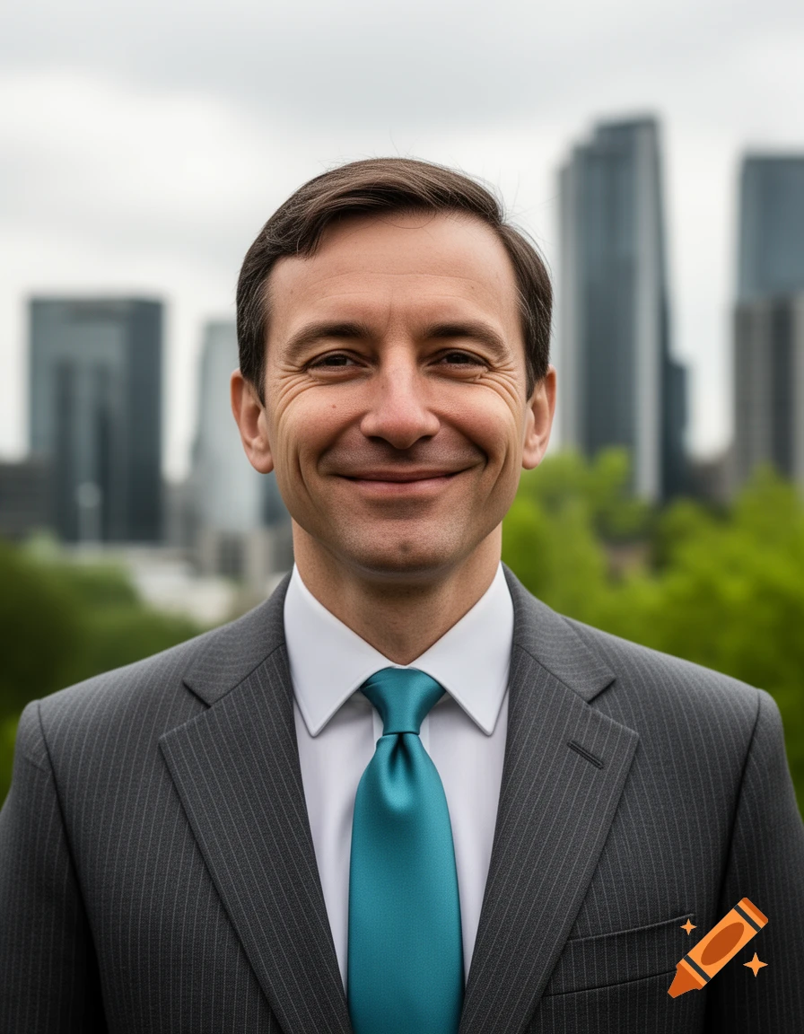 Smiling man in a gray pinstripe suit and blue tie, with a blurred city skyline and green foliage in the background.