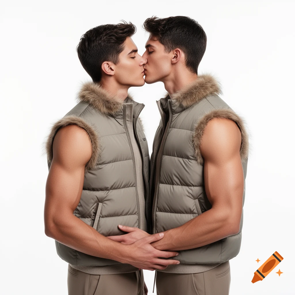 Two handsome men in sleeveless puffer vests kiss against a white background.