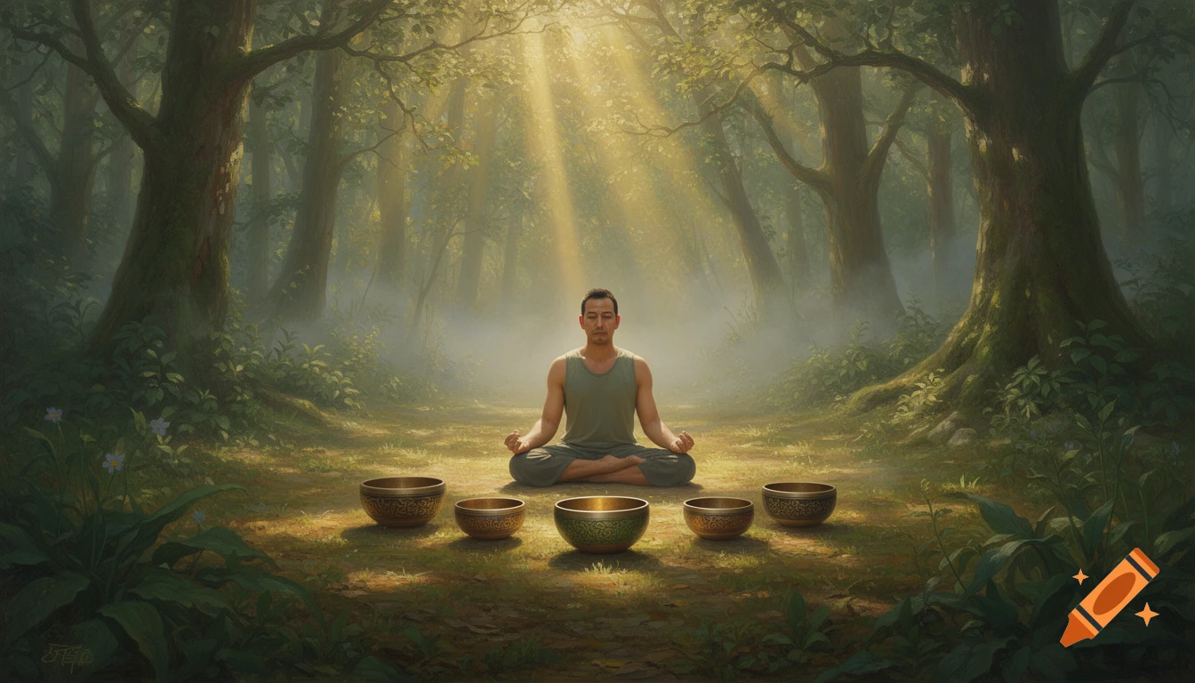 A man meditates in a verdant forest with sunlight streaming through the trees, five Tibetan bowls in front of him. Painterly style.