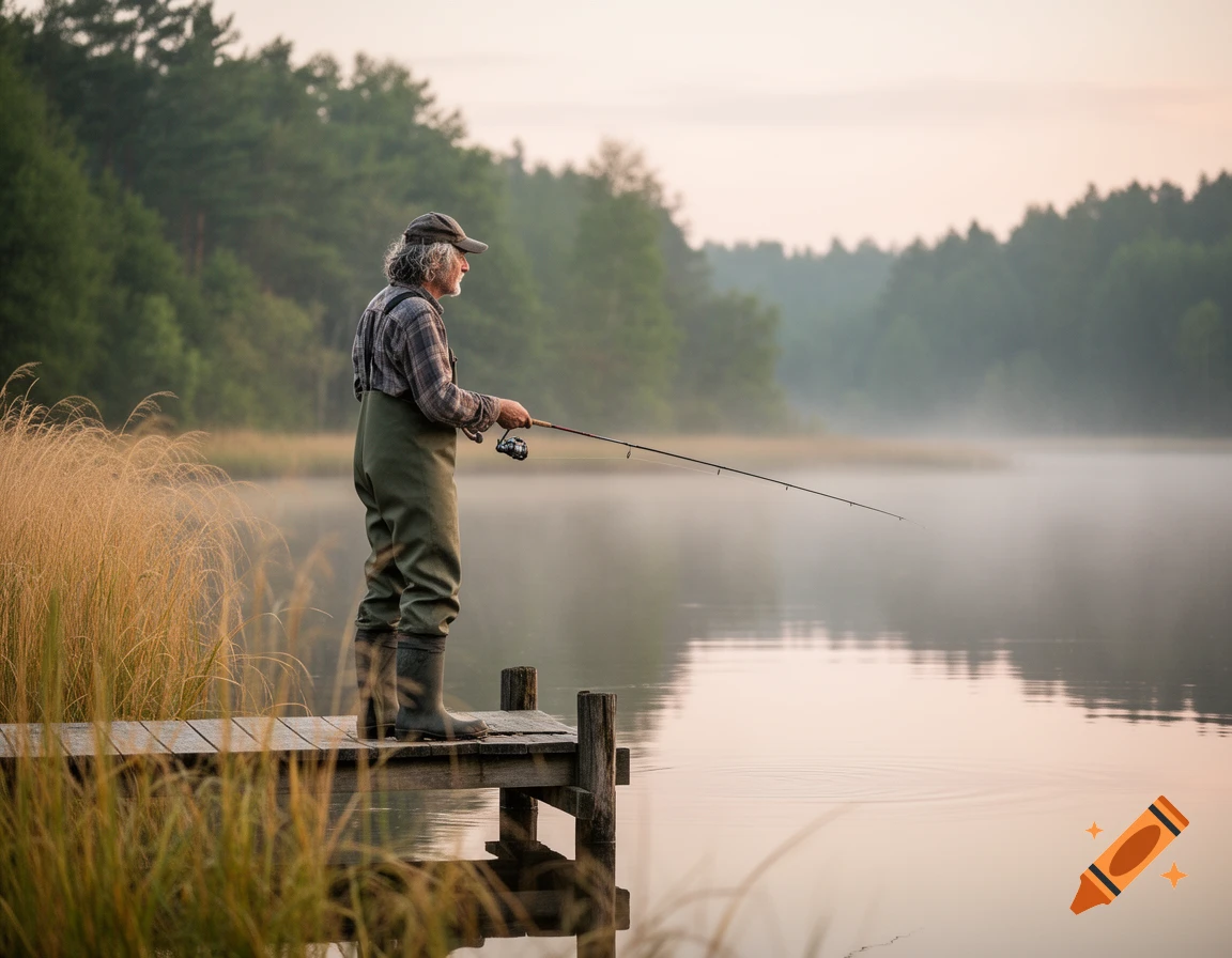An older man in waders and a cap stands on a wooden dock, fishing in a misty lake at sunrise.