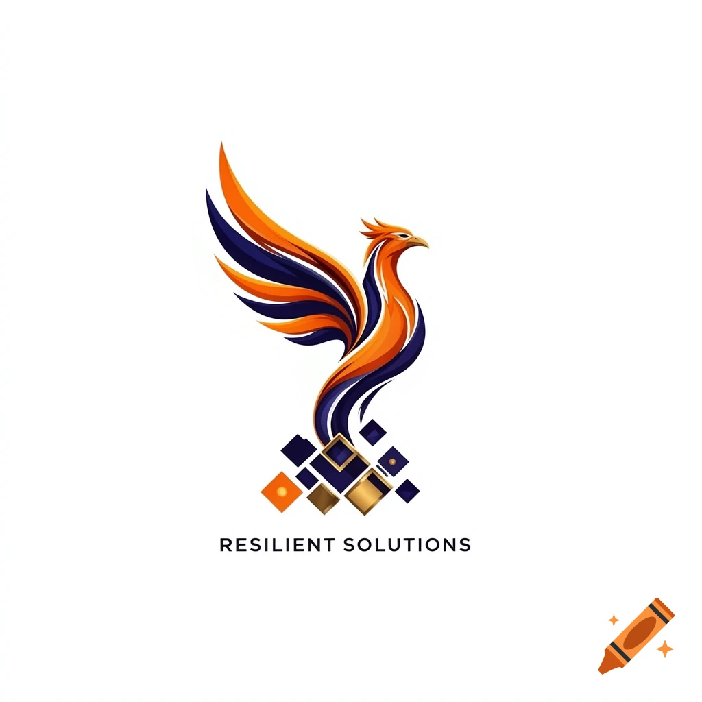 A stylized logo features an orange and navy blue phoenix rising above geometric geometric shapes, with "RESILIENT SOLUTIONS" text below.