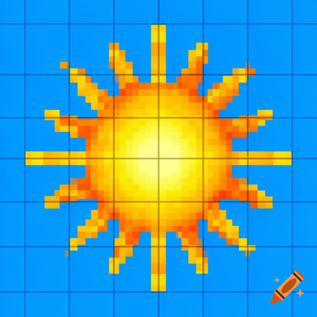 A pixel art sun with radiating rays on a blue background with a grid overlay.