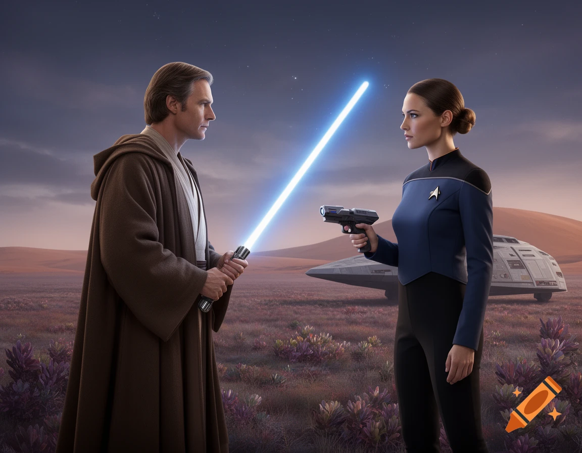 Photorealistic image of a Jedi with a blue lightsaber facing a Starfleet officer with a phaser on a desert planet.