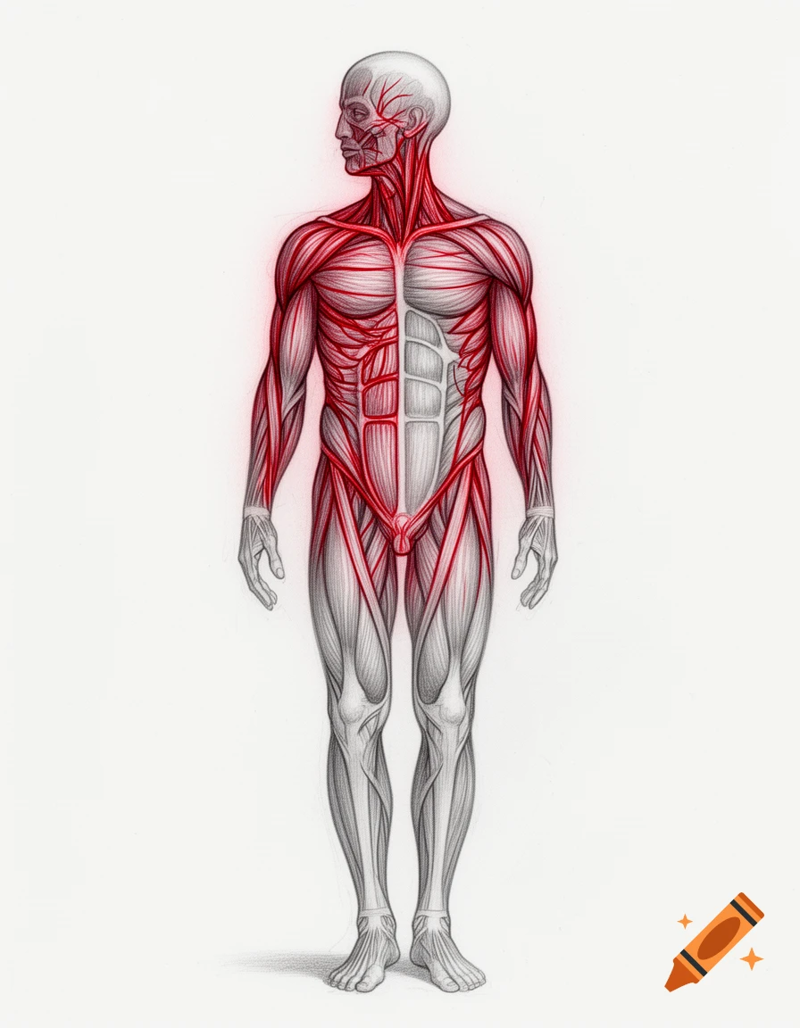 Detailed anatomical illustration of a human body, with muscles and fascia rendered in red over a pencil sketch base.