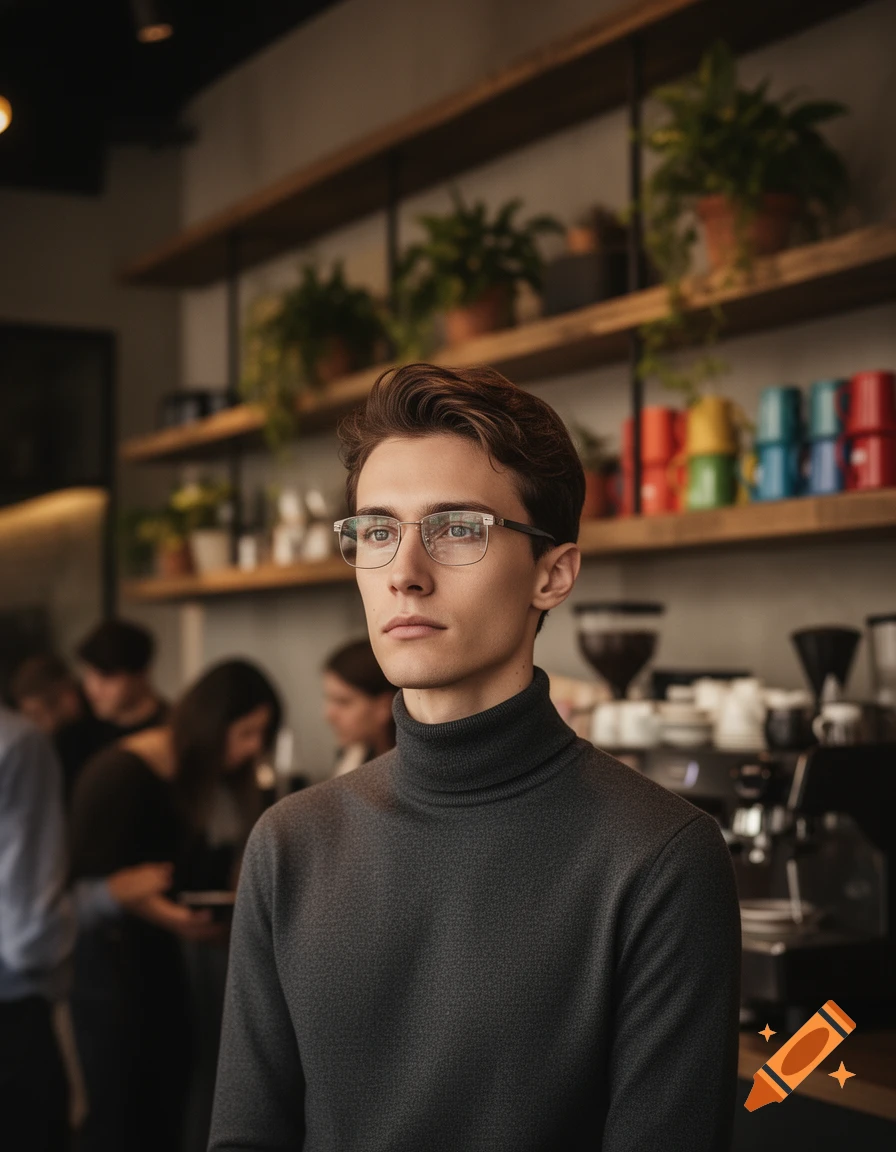 A young man with glasses and a grey turtleneck stands in a busy cafe, with shelves of plants and colorful cups in the background.