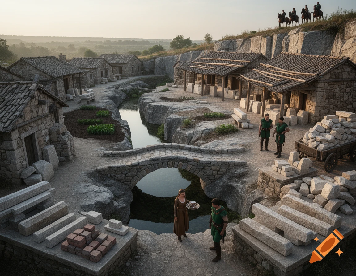 Aerial view of a medieval stone village with a river, stone bridge, and people working. Riders on horses overlook from a cliff.