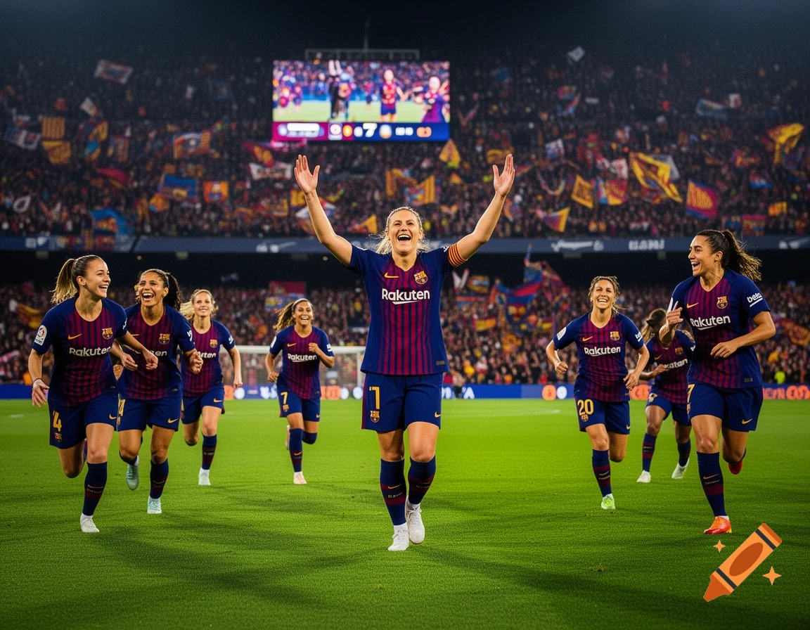 Photorealistic image of female soccer players celebrating on a green field in a packed stadium. One player with arms raised, others running.