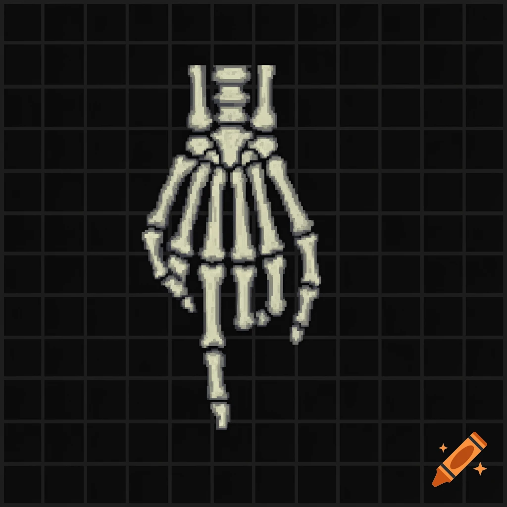 Pixel art illustration of a skeleton hand pointing downward on a dark grid background.