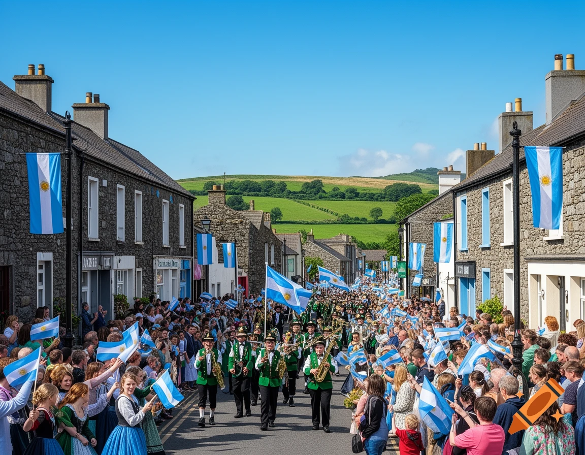 A bustling street scene in a town, with a parade of people carrying Argentine flags and a marching band in green uniforms. Stone buildings line the street, and green hills are visible in the background under a blue sky.