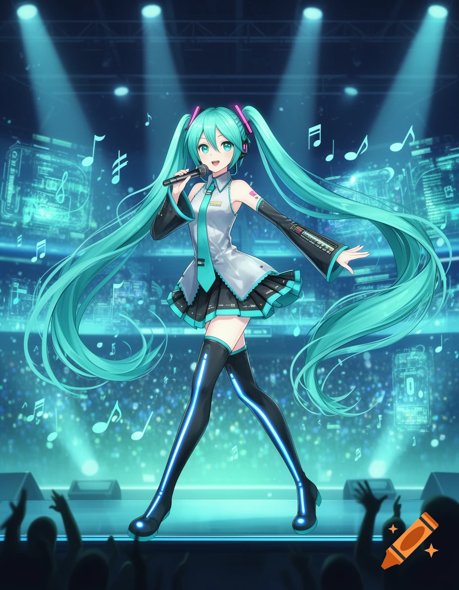Hatsune Miku performs on a futuristic stage, bathed in blue lights, with musical notes floating around her.