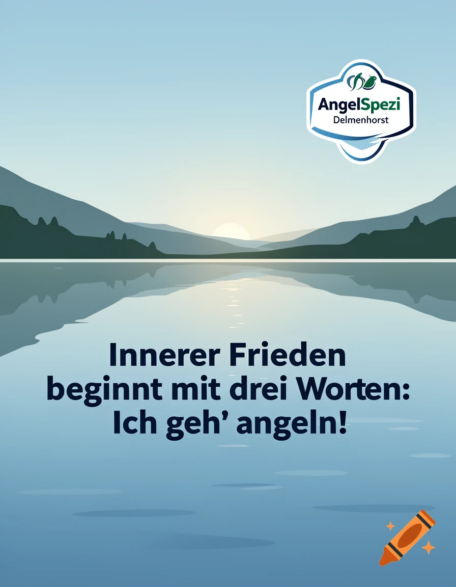 A vector illustration of a tranquil lake reflecting mountains at sunrise or sunset, with German text about inner peace and fishing, and a 'AngelSpezi Delmenhorst' logo.
