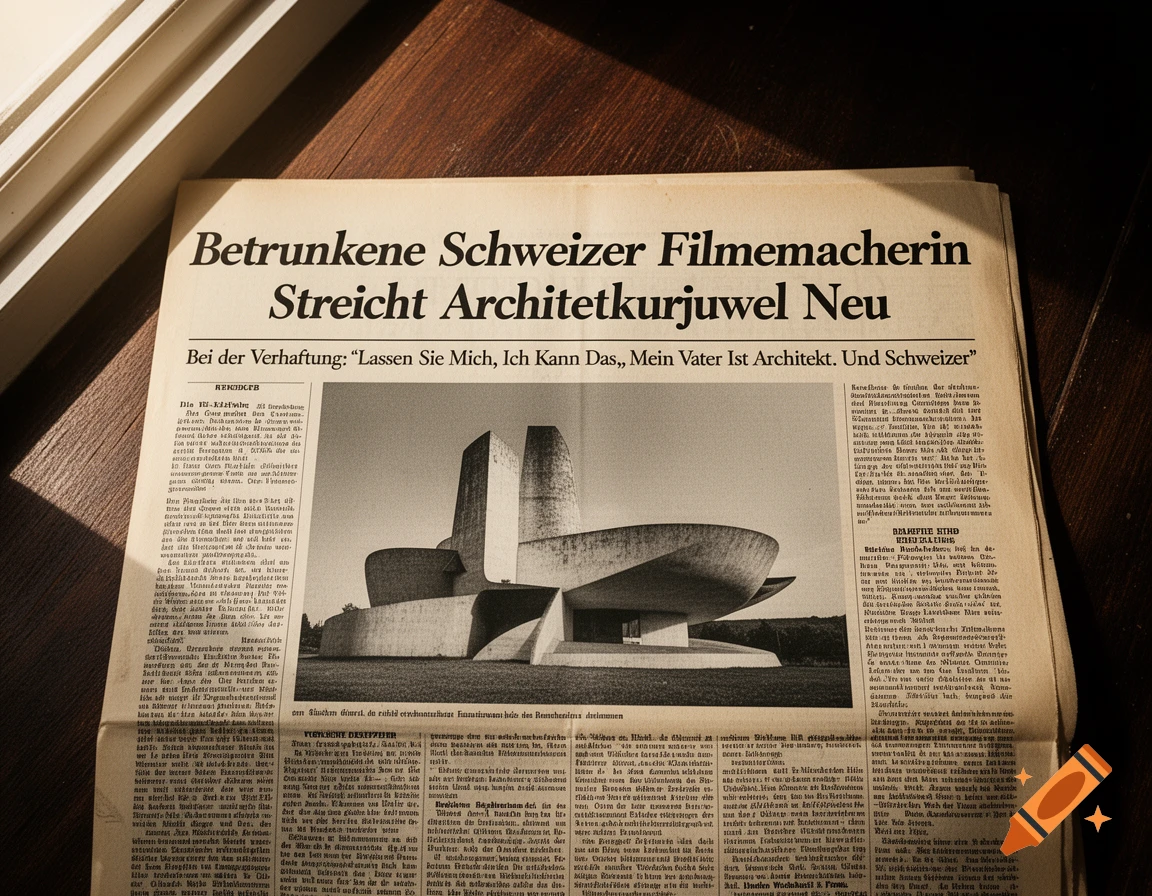 A newspaper laid on a wooden table, featuring German headlines and an image of a minimalist concrete building with curved forms.