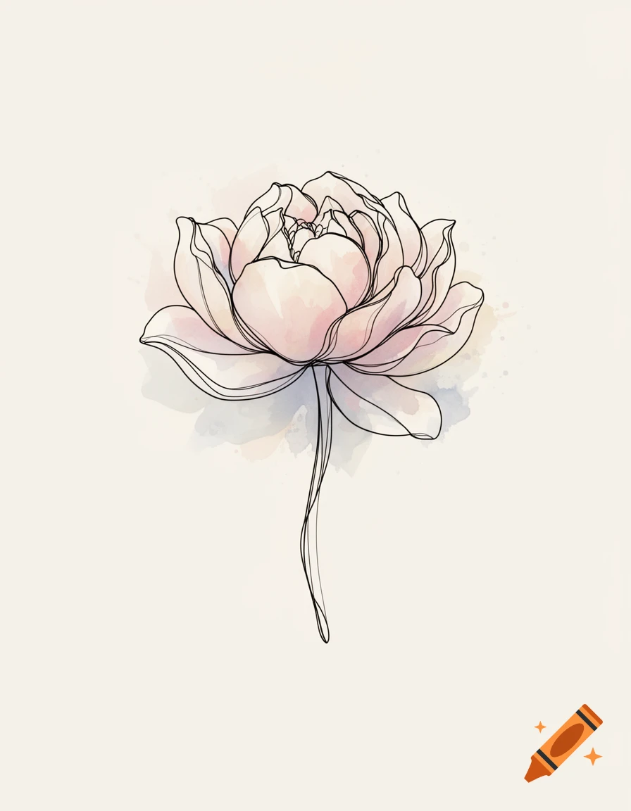 A minimalist continuous line art drawing of a pink flower with subtle watercolor washes on a light background.