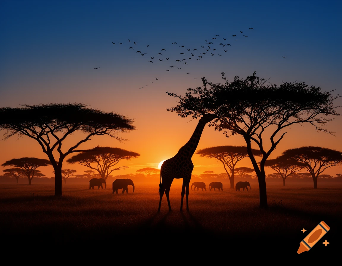 Silhouette of a giraffe and elephants in an African savanna at a vibrant orange and blue sunset with birds flying.