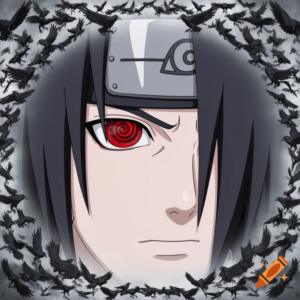Anime close-up of Itachi Uchiha's face with a red Sharingan eye, black hair, and a headband, framed by scattering black ravens.