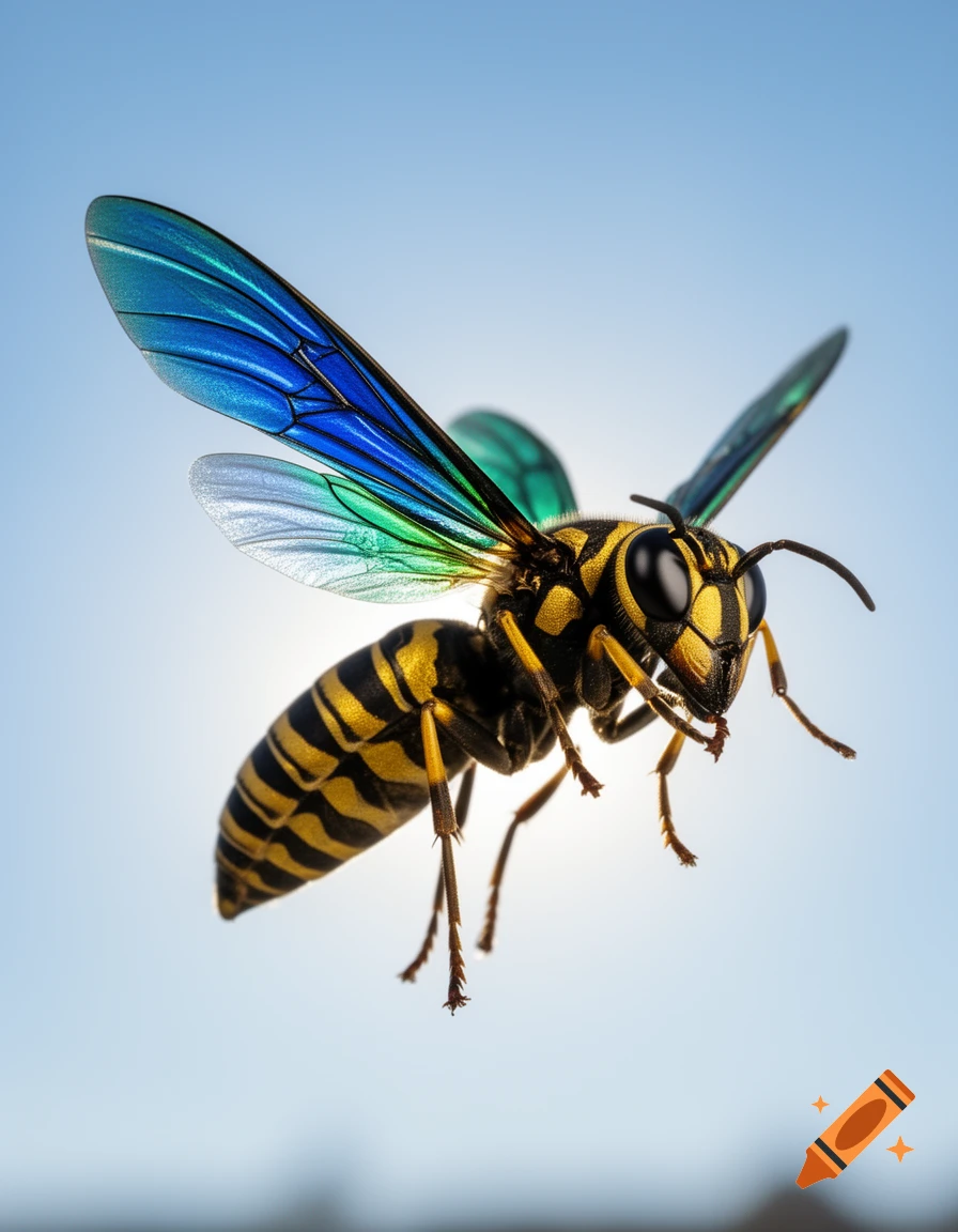Close-up of a vibrant hornet flying against a bright blue sky, showcasing iridescent blue and green wings.