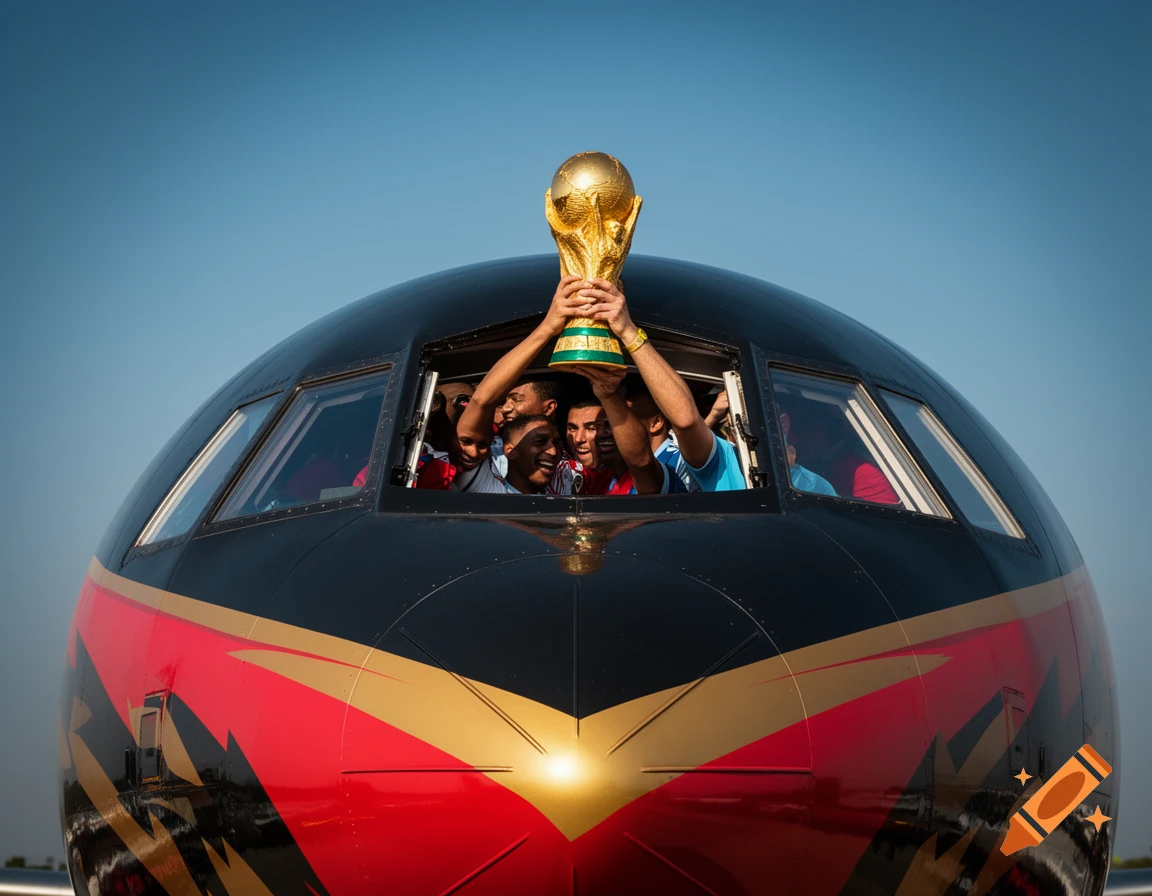 Soccer players celebrate with the World Cup trophy, holding it from the cockpit windows of a black, red, and gold airplane.