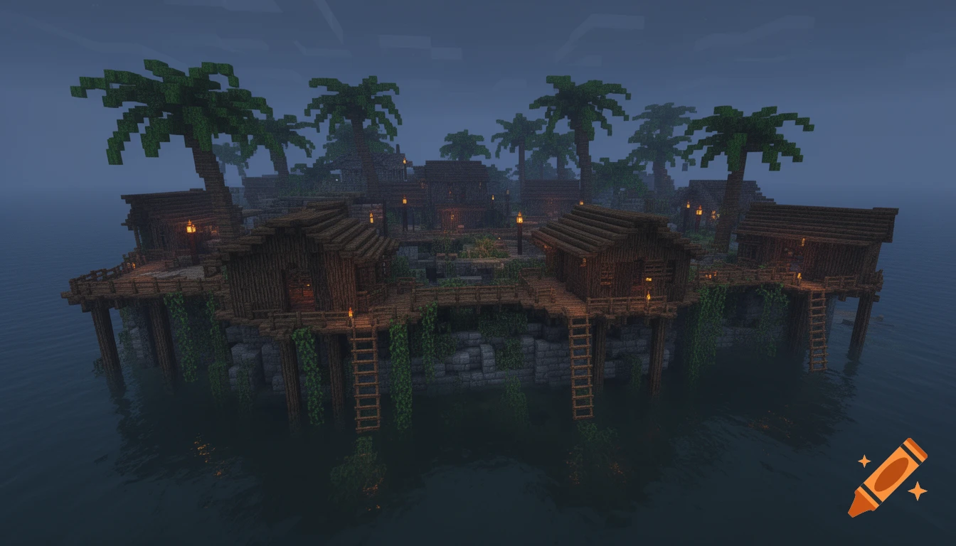 A dark, atmospheric Minecraft build of a lake village with decrepit wooden shacks on stilts, elevated walkways, palm trees, and torches on a small island at dusk or night.