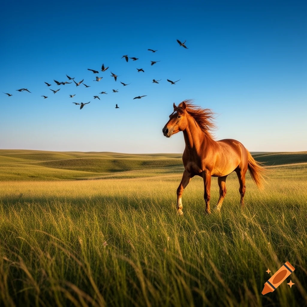 A brown horse with a white blaze gallops through a sunny green field under a clear blue sky, with a flock of birds flying above.