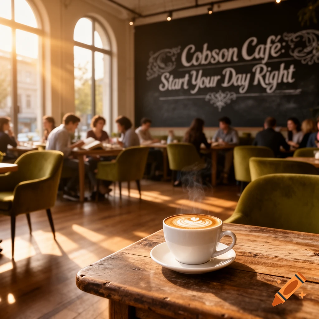 Photorealistic image of a steaming cup of coffee with latte art on a wooden table in a sunlit cafe with blurred patrons in the background.