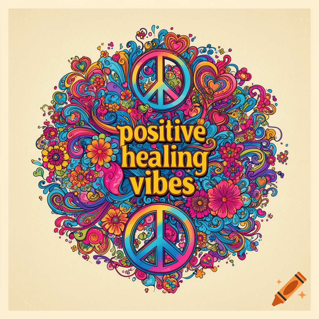 A vibrant psychedelic art mandala with peace signs, hearts, flowers, and swirls surrounding the text 'positive healing vibes'.
