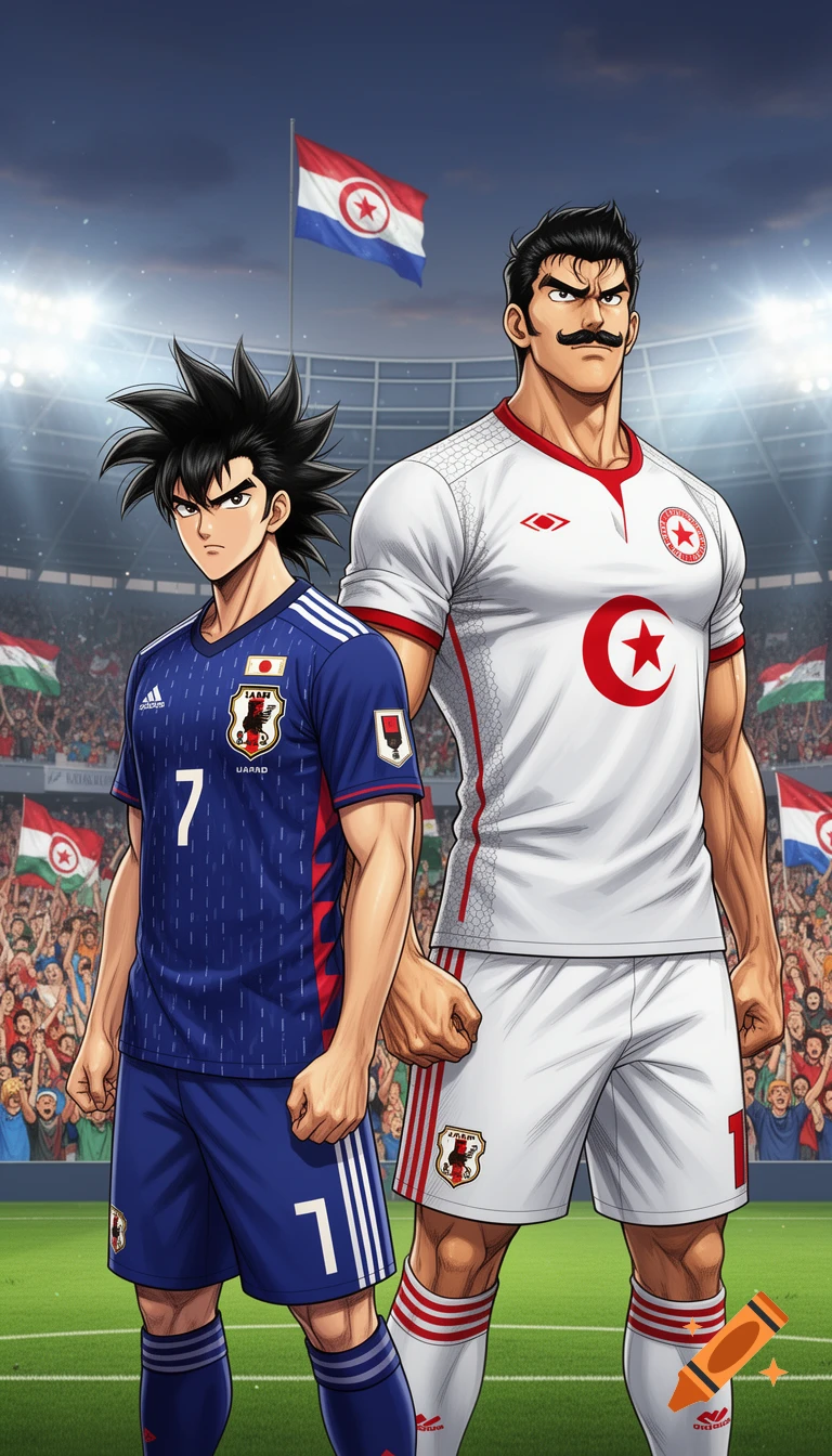 Anime-style illustration of two muscular football players, one in a Japan jersey and one in a Tunisia jersey, standing in a stadium.