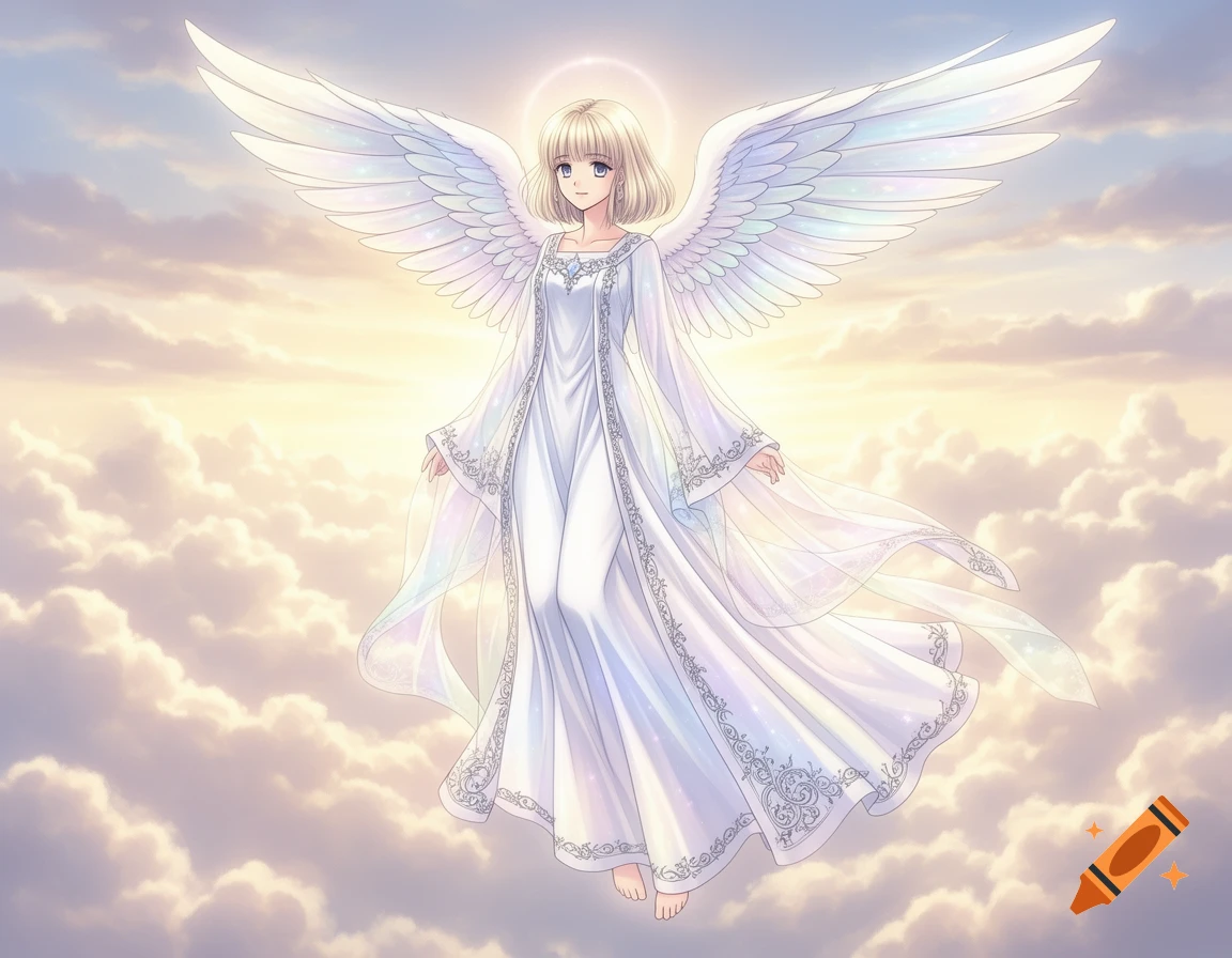 An anime angel girl with short blonde hair and large white wings floats peacefully in a sky filled with pastel clouds, wearing a white flowing gown and a halo.