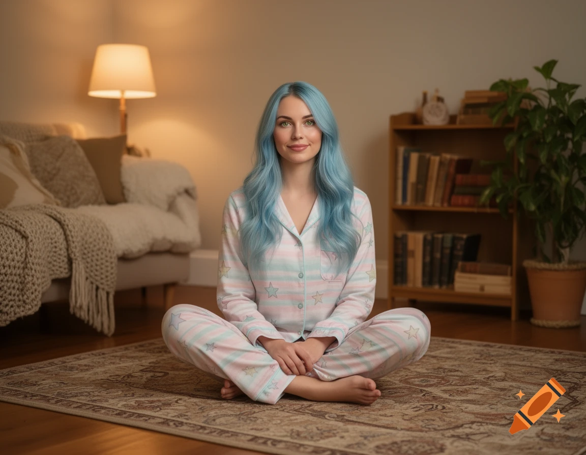 A woman with light blue hair and green eyes sits cross-legged on a patterned rug in striped pajamas in a cozy living room.