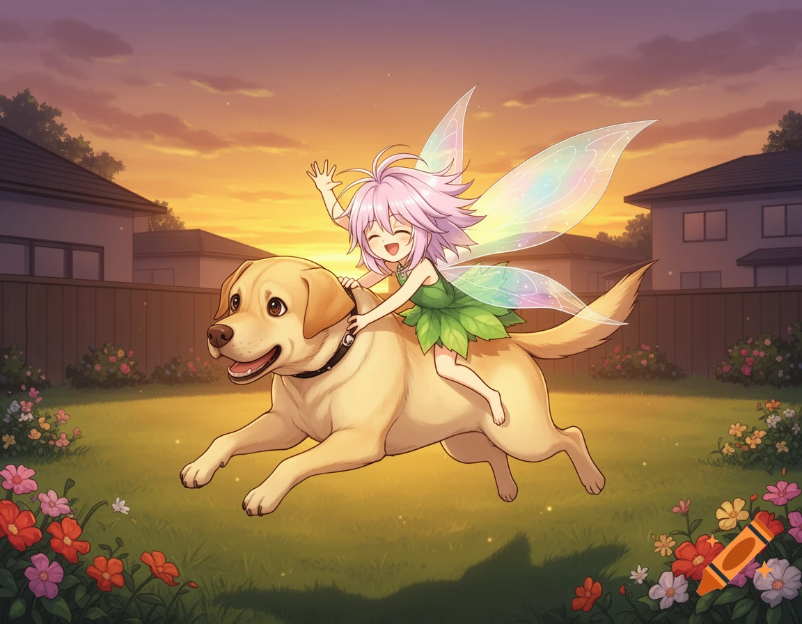 An anime fairy girl with pink hair and iridescent wings rides a happy yellow Labrador in a sunny suburban backyard at sunset.