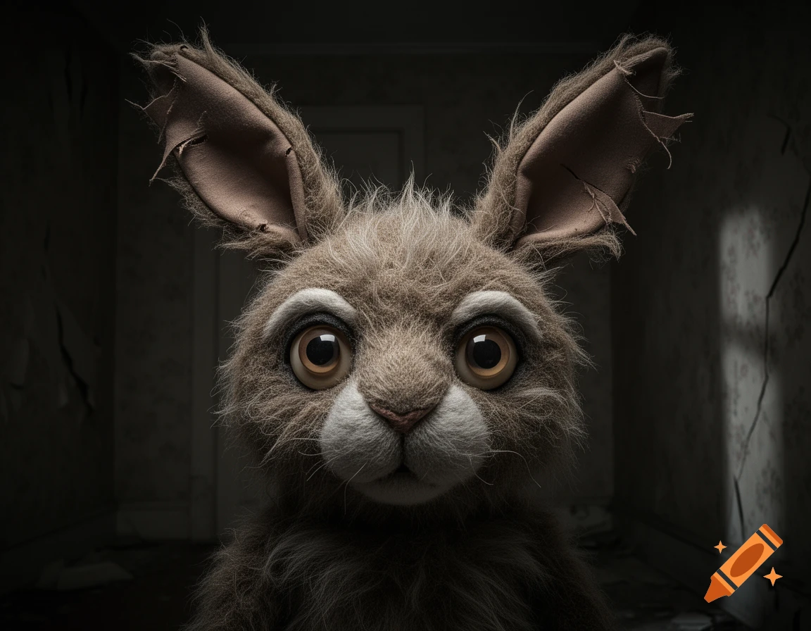 Close-up of a scary, tattered plush rabbit head with large eyes in a dark, eerie room.