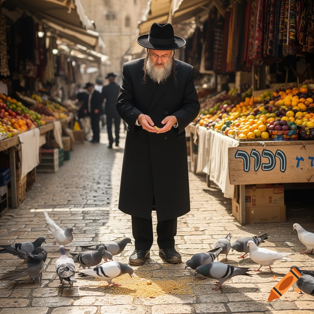 A bearded man in a black coat and hat feeds pigeons on a cobblestone street in a vibrant outdoor market.