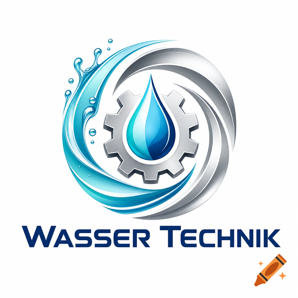 A stylized logo with a blue water drop in a silver gear, encircled by water and silver swirls, with 'WASSER TECHNIK' below.