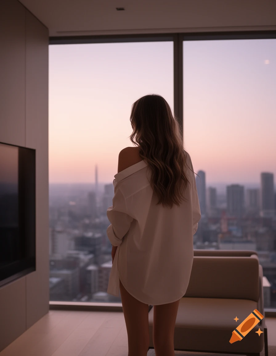 A woman in a white shirt, seen from behind, looks out a window at a city skyline during sunset.
