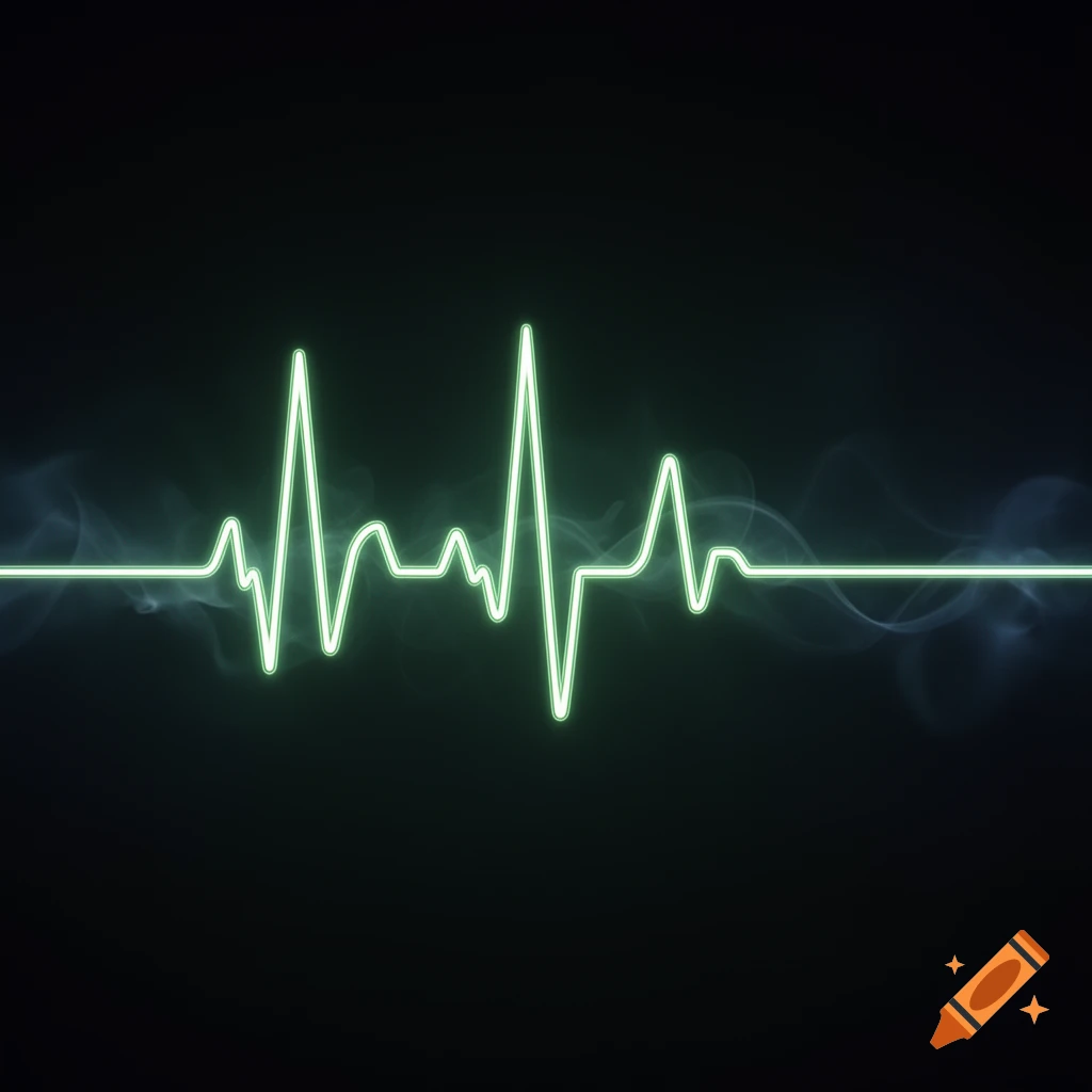 A glowing green EKG heartbeat line pulses across a dark background with subtle smoke effects.