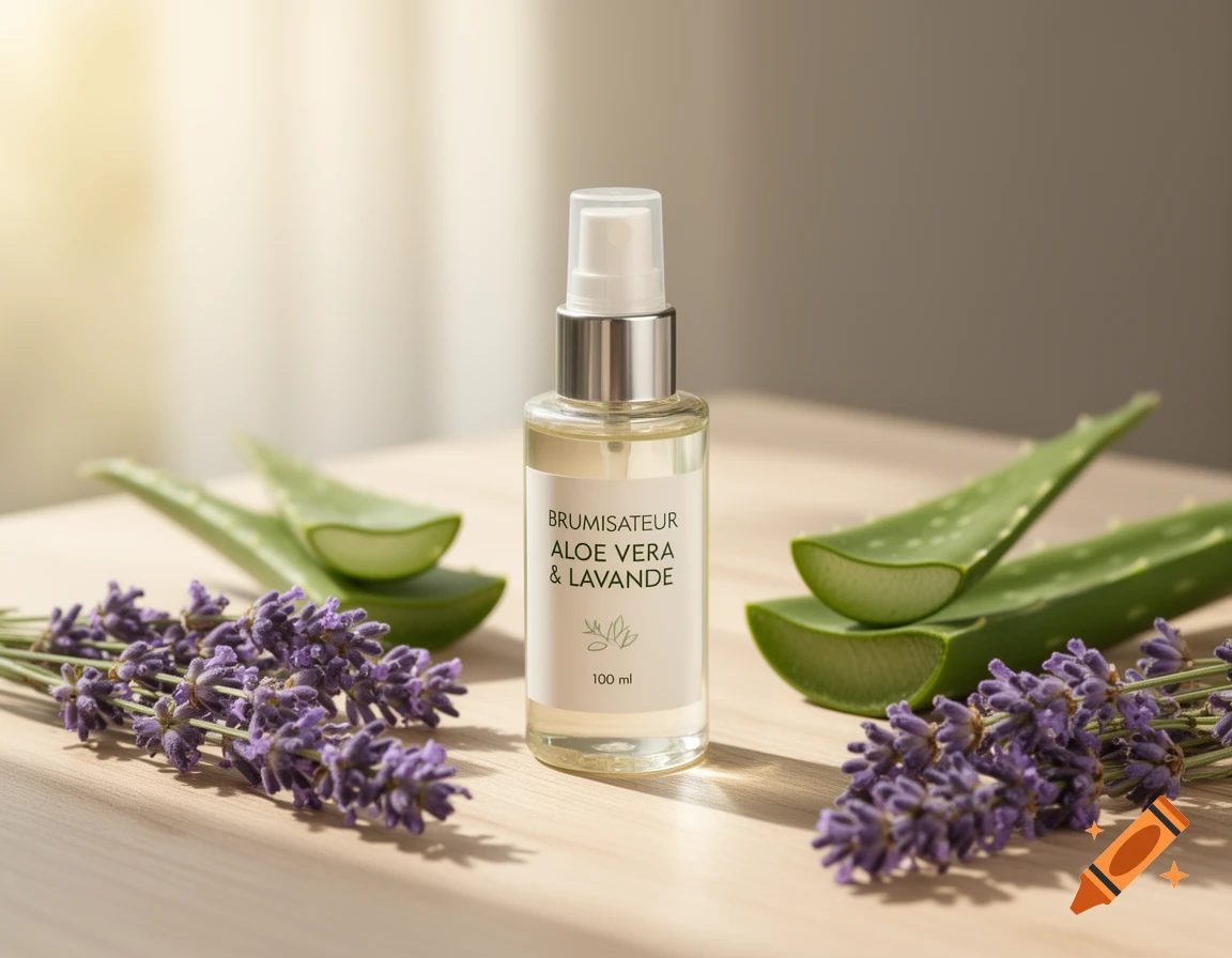 Photorealistic spray bottle of aloe vera and lavender, surrounded by fresh aloe leaves and purple lavender flowers on a wooden table.