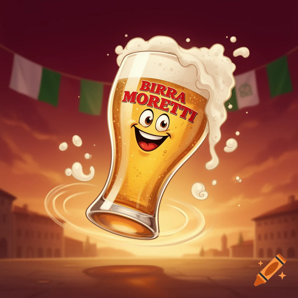 Happy cartoon Birra Moretti glass with foamy beer, floating above a plaza with Italian flags at sunset.