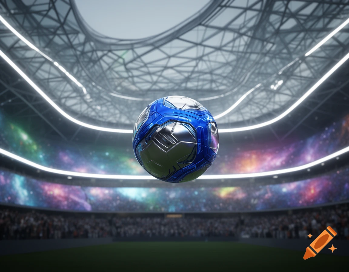 A futuristic, metallic blue and silver soccer ball floats mid-air in a modern stadium with glowing lights and a cosmic galaxy backdrop.