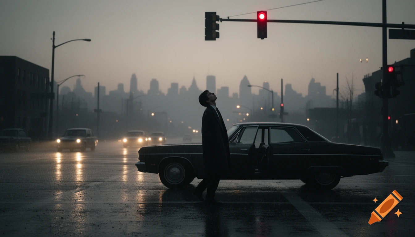 A man in a trench coat stands by a car on a rainy city street at dusk, looking up at a red traffic light, with a blurred cityscape in the background. Photorealistic style.
