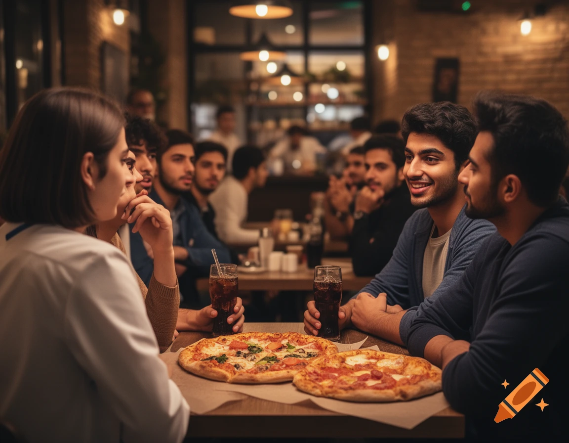 People eating pizza and drinking soda at a lively restaurant with warm lighting.
