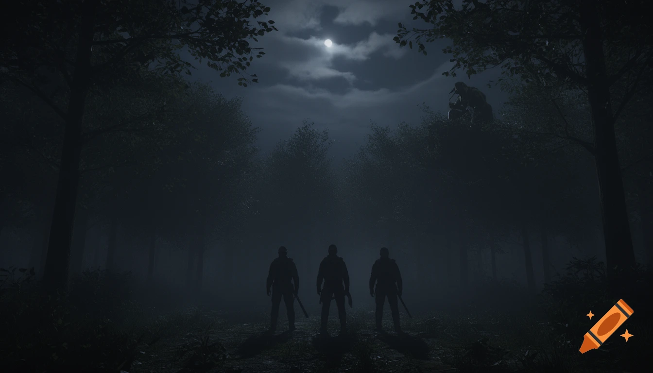 Three armed figures stand silhouetted in a dark, foggy forest at night under a cloudy moon, with a hidden figure in trees.