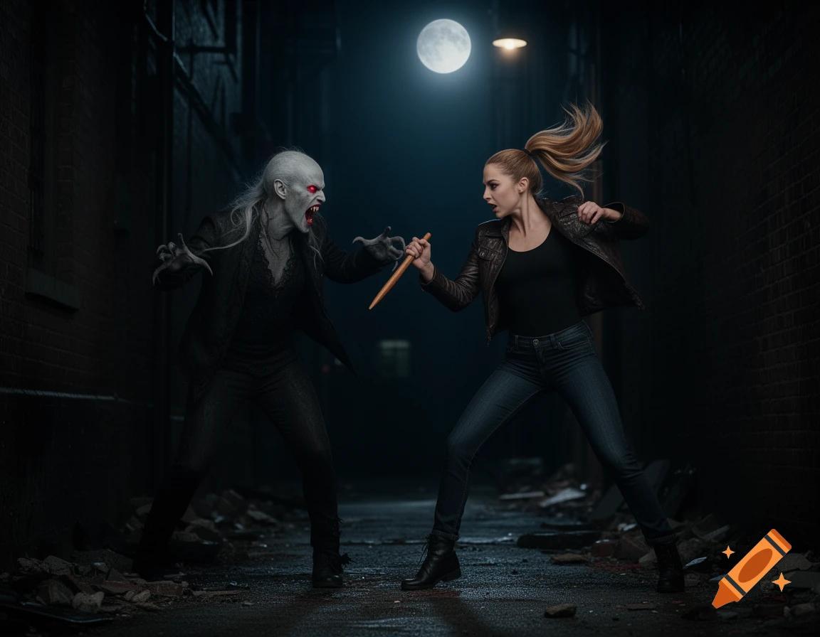 A woman with a wooden stake fights a snarling vampire in a dark, moonlit alley. Photorealistic style.